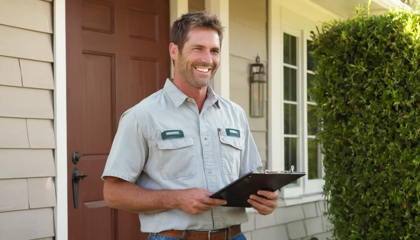 A friendly pest control provider talking with a homeowner at the front door of a house in Independence